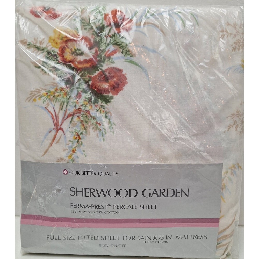 New Sears Sherwood Garden Full Size Fitted Sheet Percale Perma Prest Vtg. 1970s
